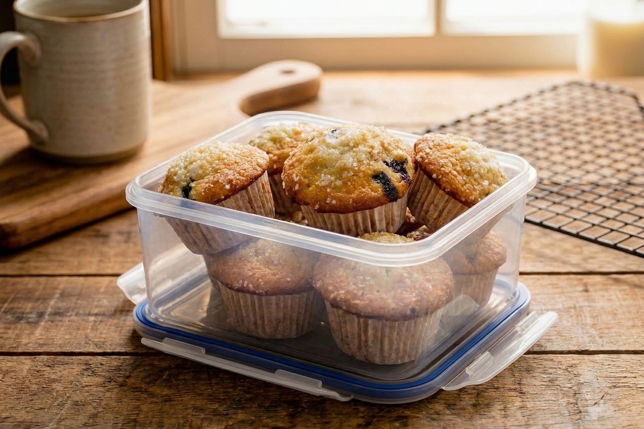 A small airtight container holding a snug layer of muffins on a kitchen counter