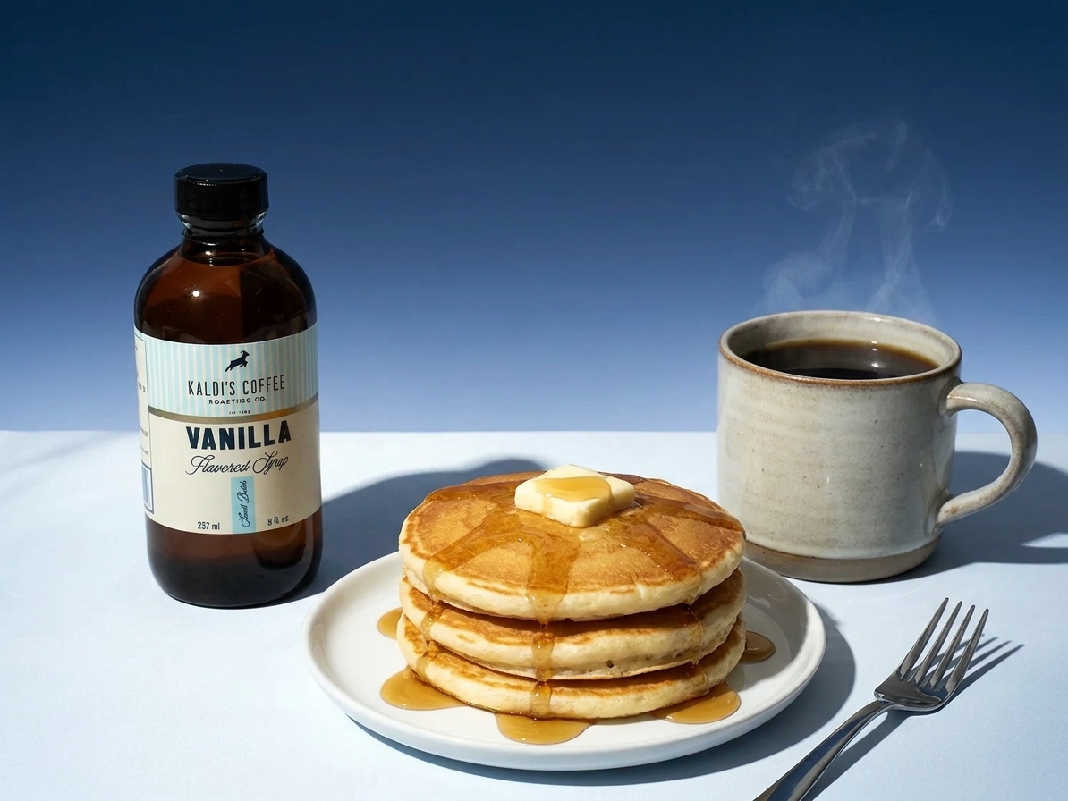A small bottle of vanilla syrup on a breakfast table next to pancakes, coffee, and a fork