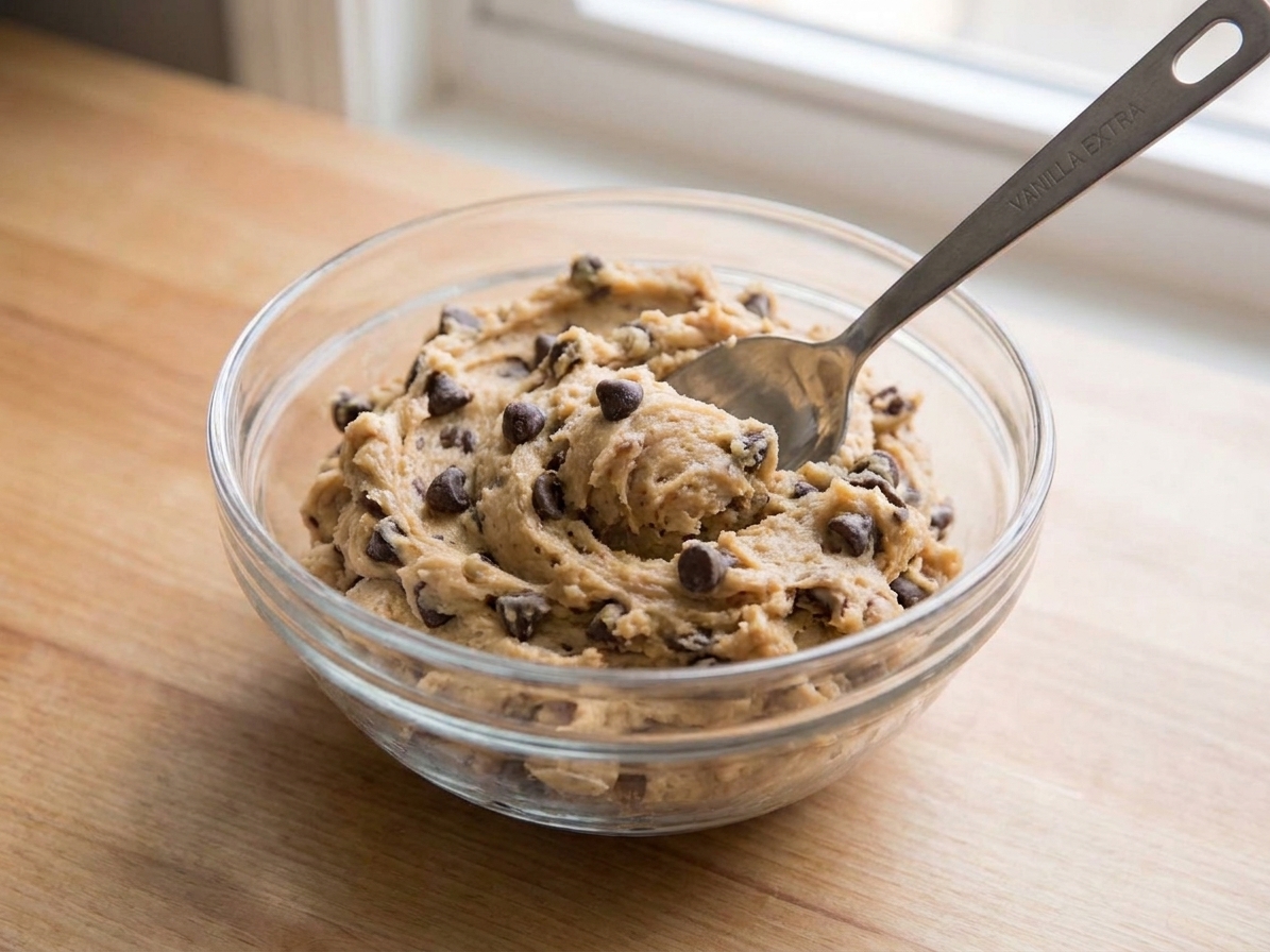 A small bowl filled with edible chocolate chip cookie dough with a spoon dipped into it on a kitchen table