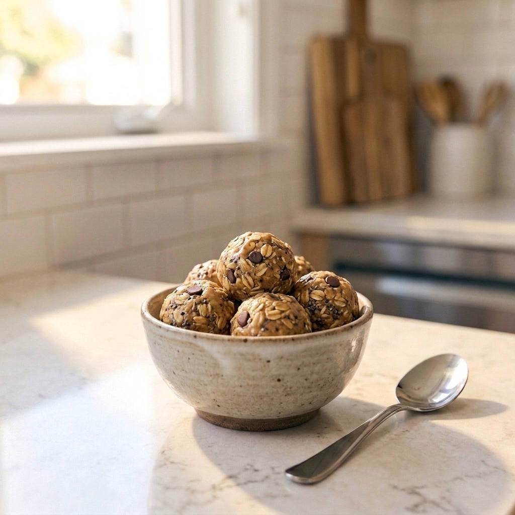 A small bowl filled with round almond butter energy bites on a kitchen counter