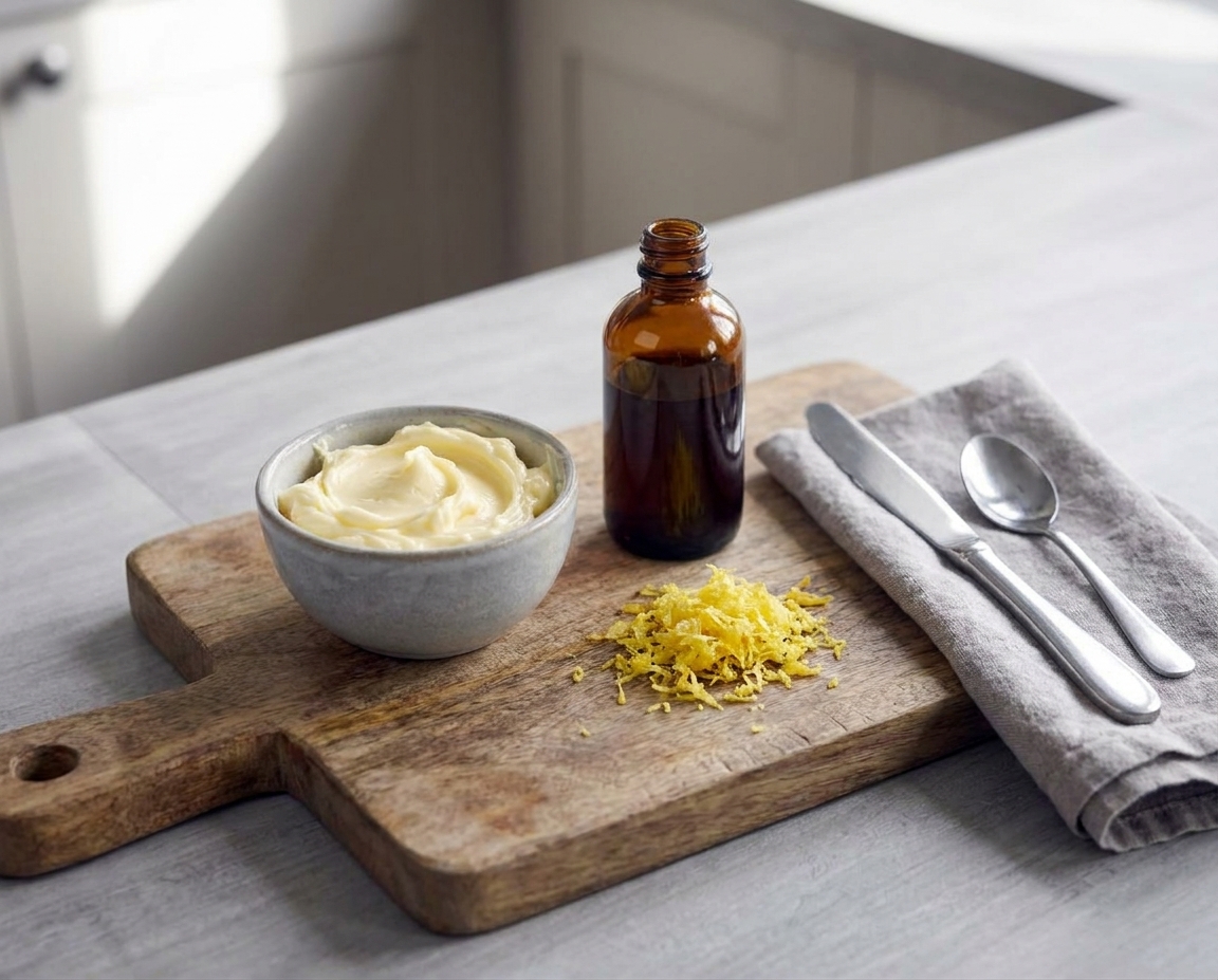 A small bowl of buttercream beside vanilla extract and freshly grated lemon zest on a cutting board