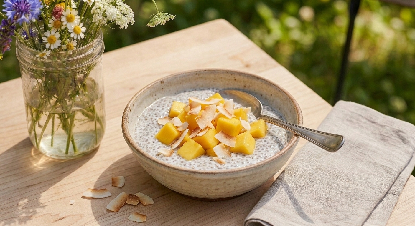 A small bowl of chia pudding topped with mango cubes and toasted coconut flakes on a light wooden counter