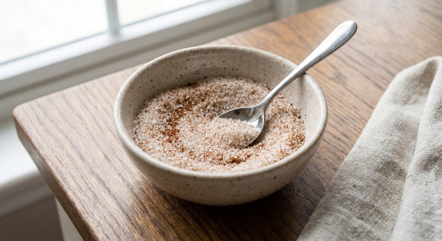 A small bowl of cinnamon sugar with a spoon resting inside