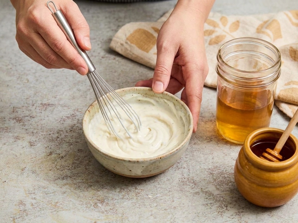 A small bowl of creamy broccoli salad dressing being whisked on a counter, with vinegar and honey nearby