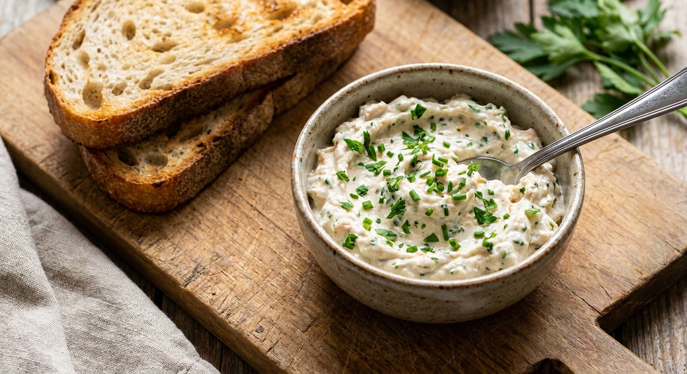 A small bowl of creamy chicken herb spread with visible flecks of parsley and chives on a wooden board, with toasted bread slices beside it