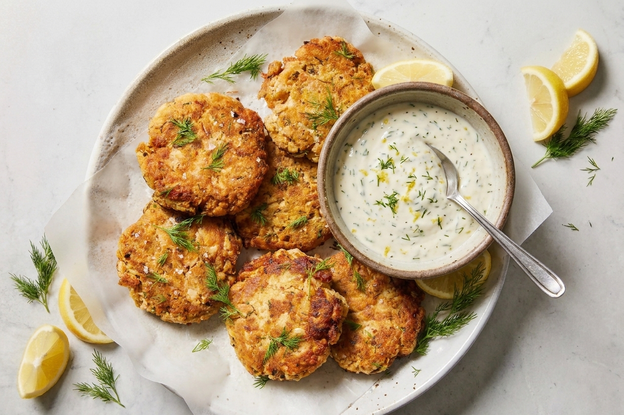 A small bowl of creamy lemon dill yogurt sauce with a spoon, set beside cooked salmon patties on a serving platter