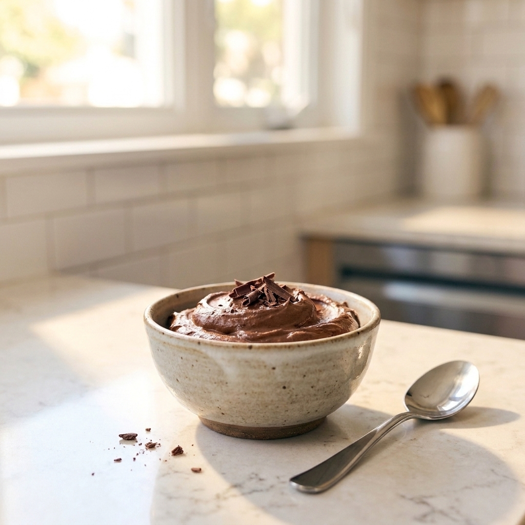 A small bowl of dark chocolate mousse with a spoon beside it on a stone countertop