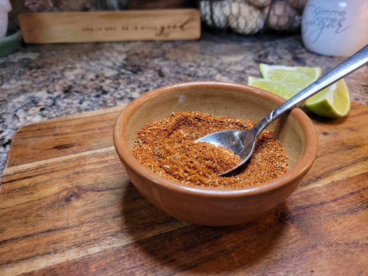 A small bowl of fajita seasoning being stirred with a spoon on a wooden cutting board