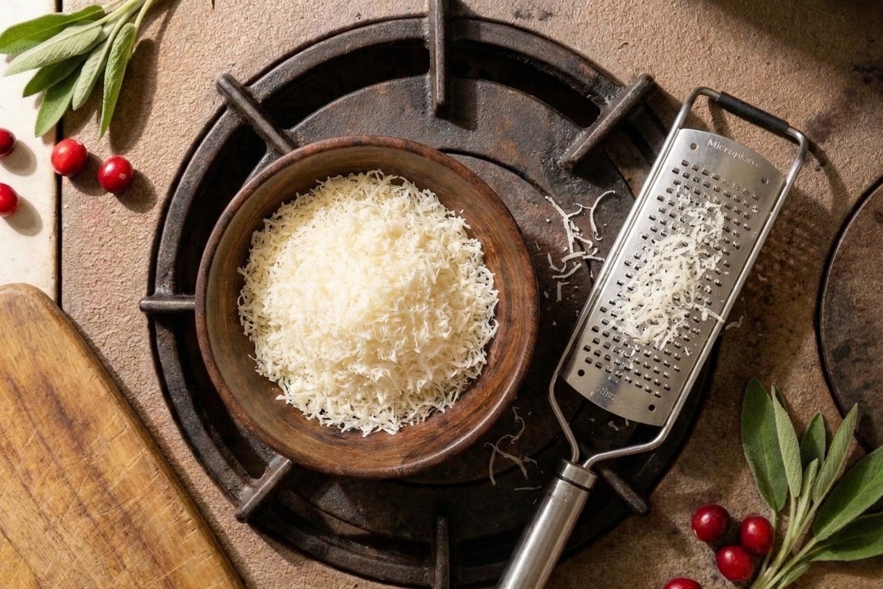 A small bowl of finely grated Parmesan cheese on a counter next to a microplane