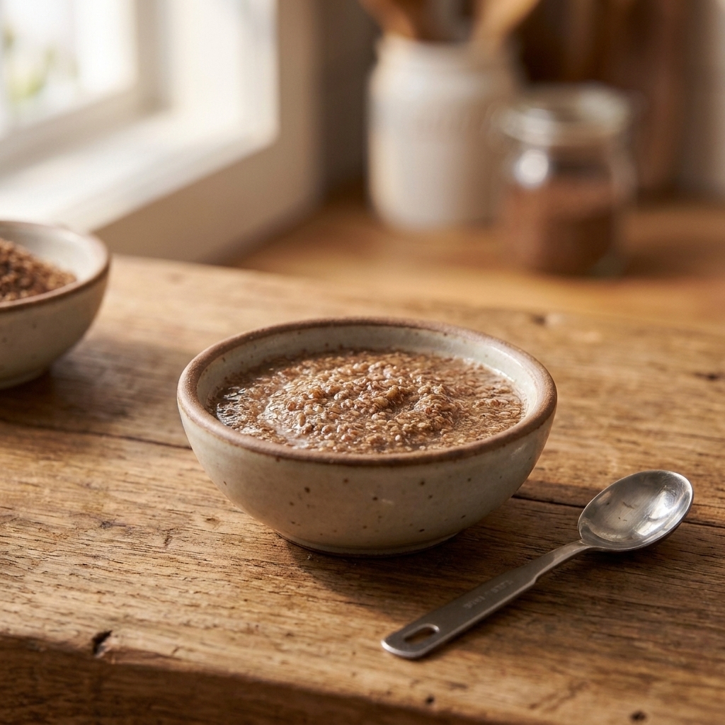 A small bowl of gelled ground flaxseed and water mixture on a kitchen counter with a spoon resting beside it