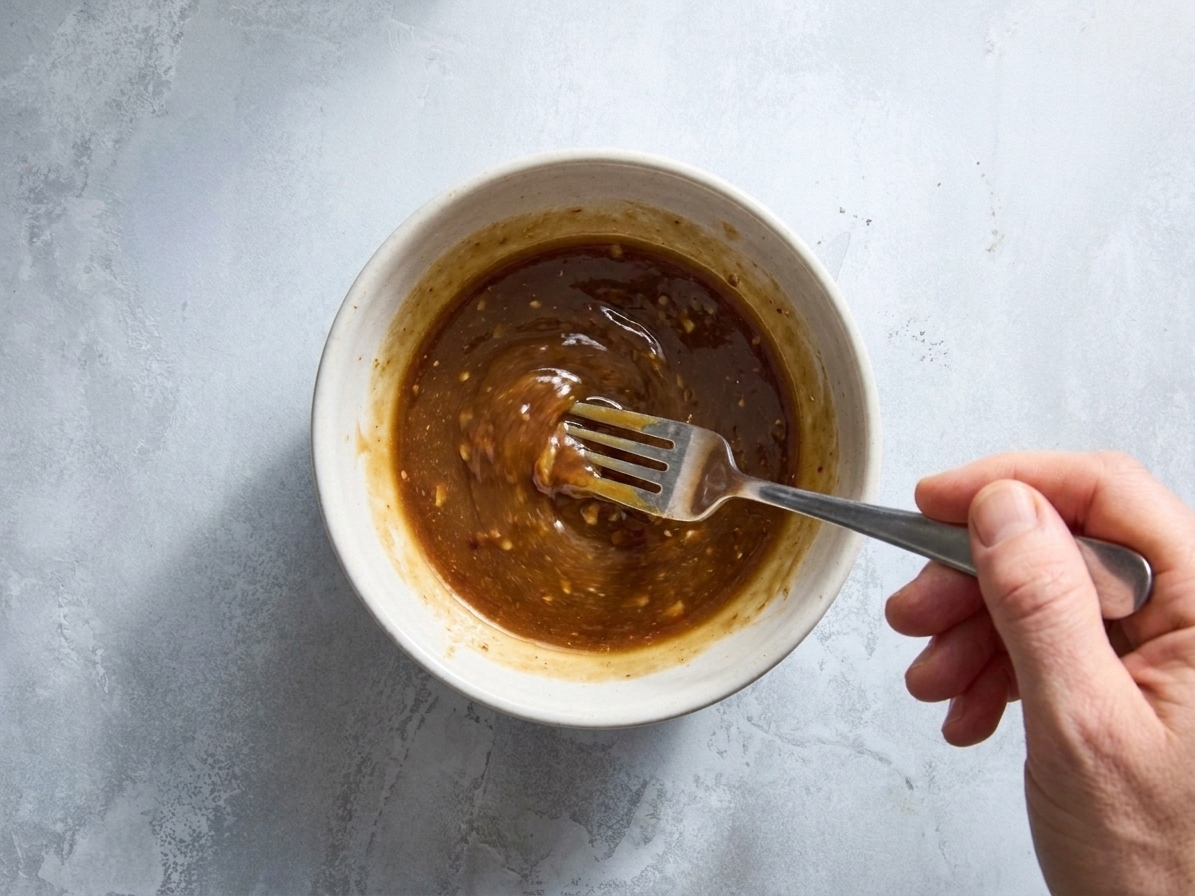 A small bowl of glossy brown stir fry sauce being whisked with a fork on a kitchen counter
