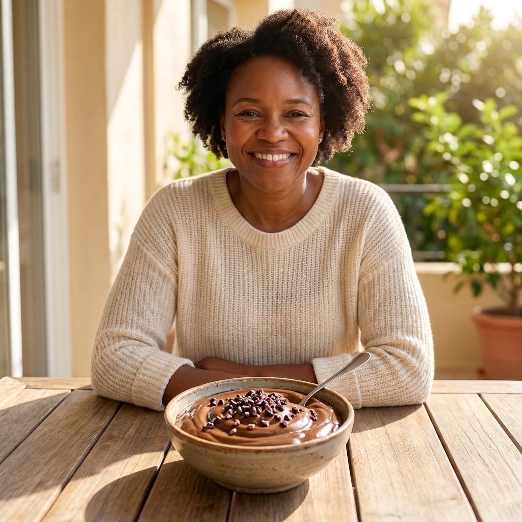 A small bowl of glossy chocolate avocado pudding topped with cacao nibs