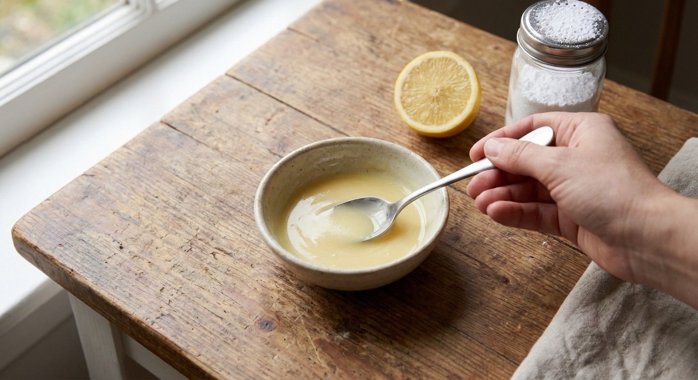 A small bowl of lemon glaze being whisked smooth with a spoon, with a lemon and powdered sugar nearby on the counter
