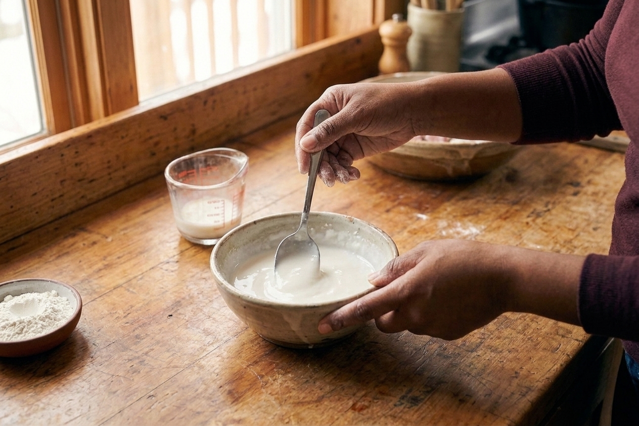 A small bowl of milky cornstarch slurry being stirred with a spoon on a countertop