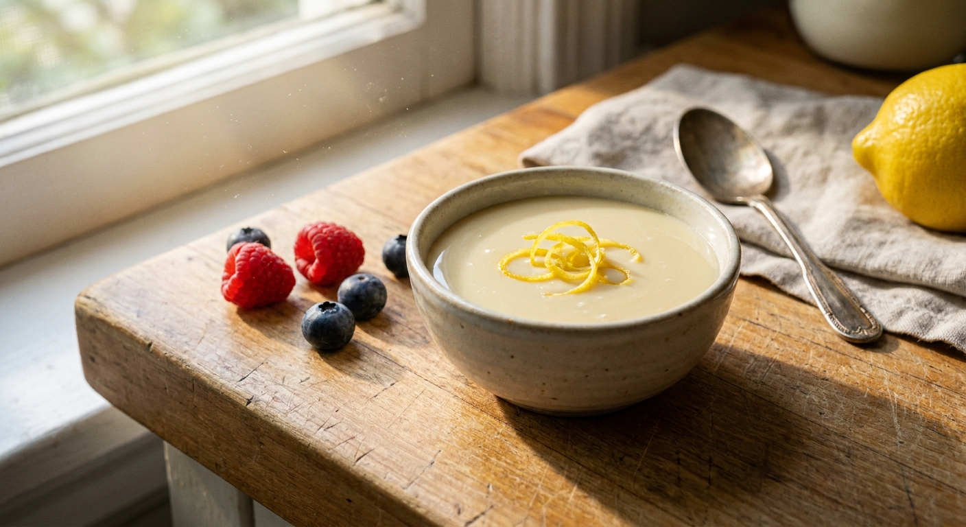 A small bowl of pale, creamy condensed milk topped with fresh lemon zest, with a few berries nearby on a bright kitchen counter
