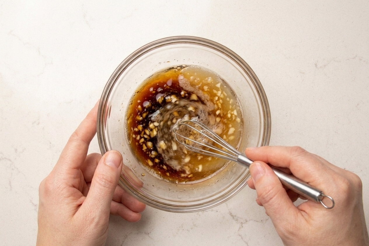 A small bowl of sauce being whisked, showing honey, soy sauce, vinegar, garlic, and broth coming together