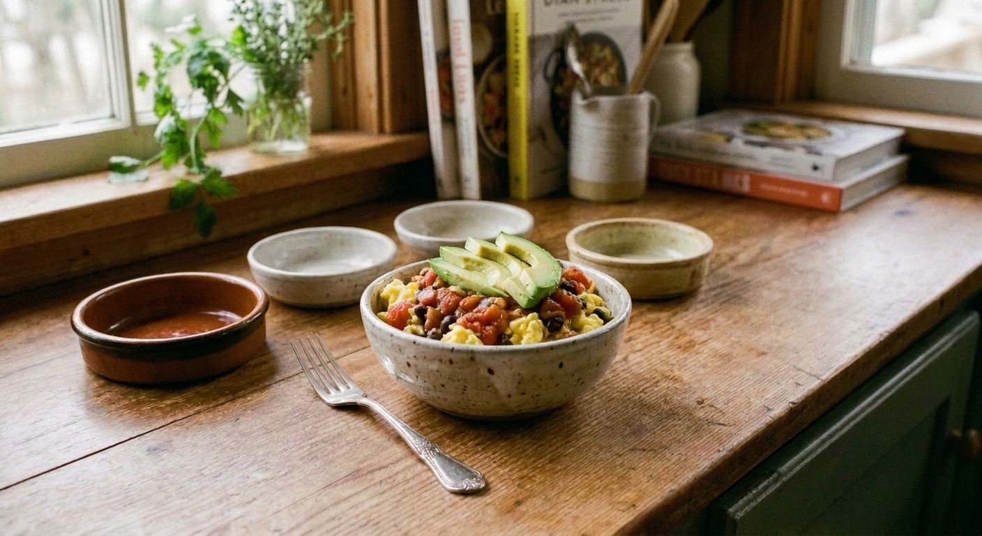 A small bowl of scrambled eggs mixed with salsa and black beans topped with avocado slices on a wooden table