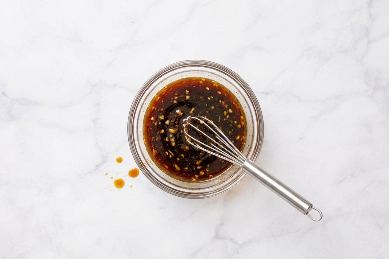 A small bowl of soy-citrus stir-fry sauce being whisked with a spoon on a kitchen counter