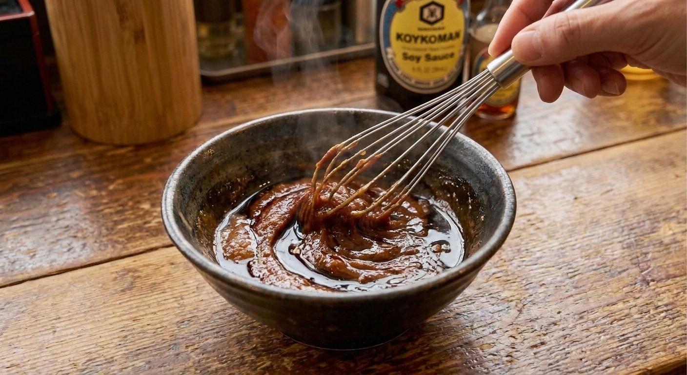 A small bowl of tare being whisked, with miso and soy sauce blending into a smooth, dark seasoning mixture