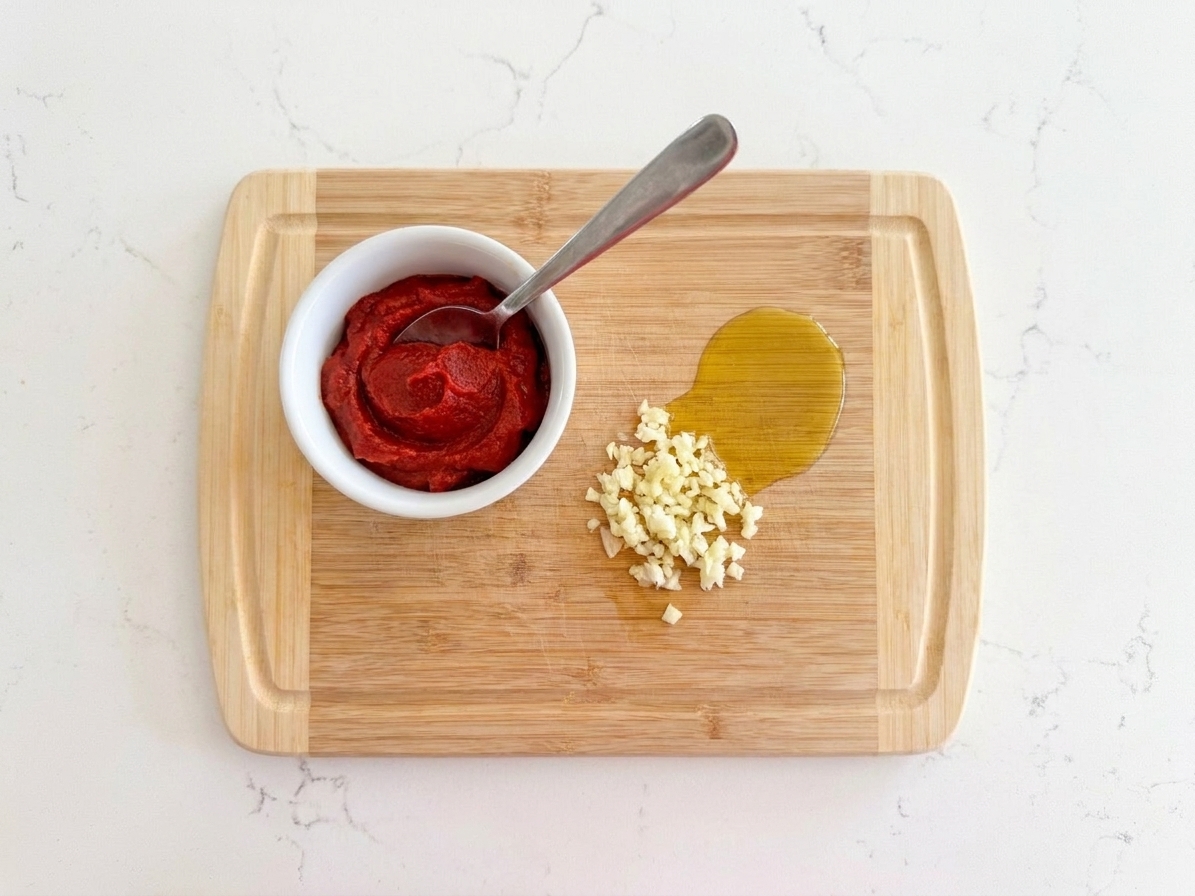 A small bowl of tomato paste with olive oil and minced garlic beside it on a cutting board