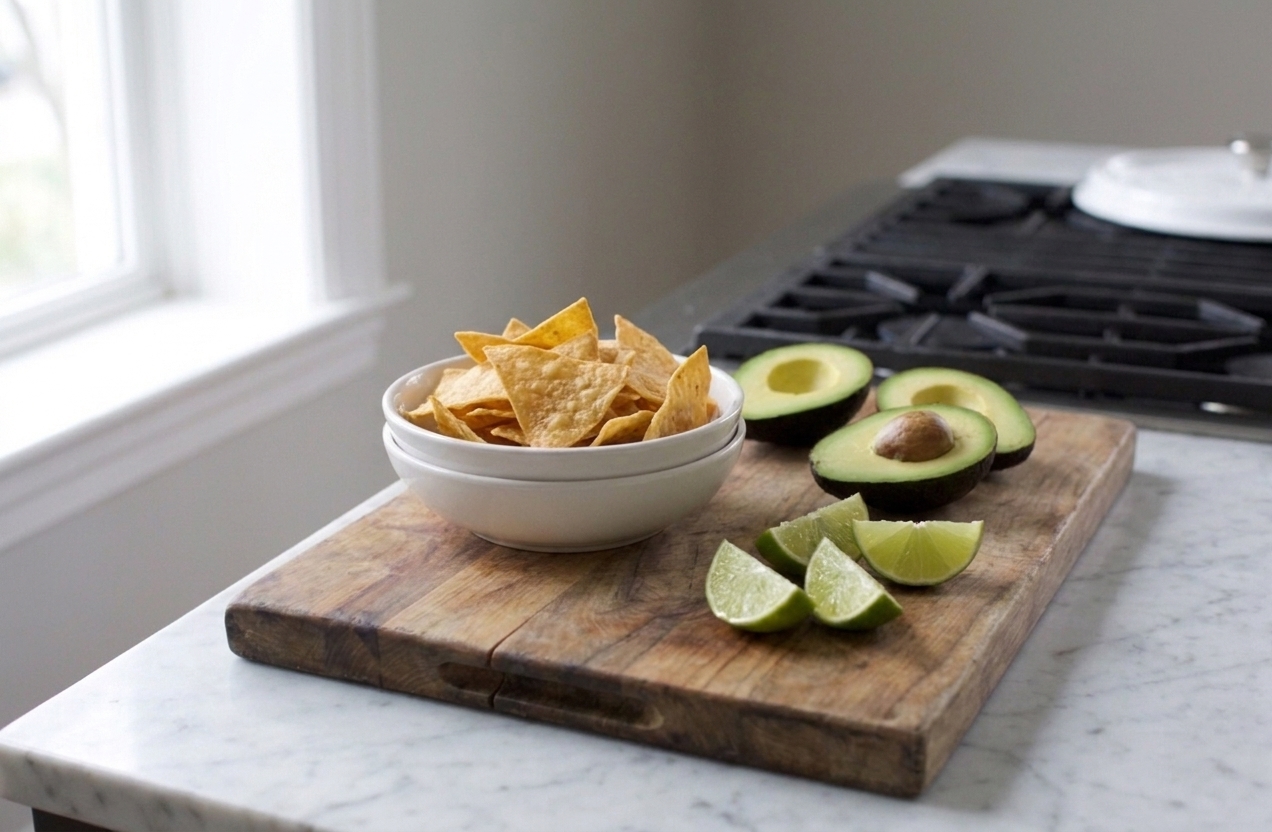 A small bowl of tortilla chips beside sliced avocado and lime wedges on a wooden board