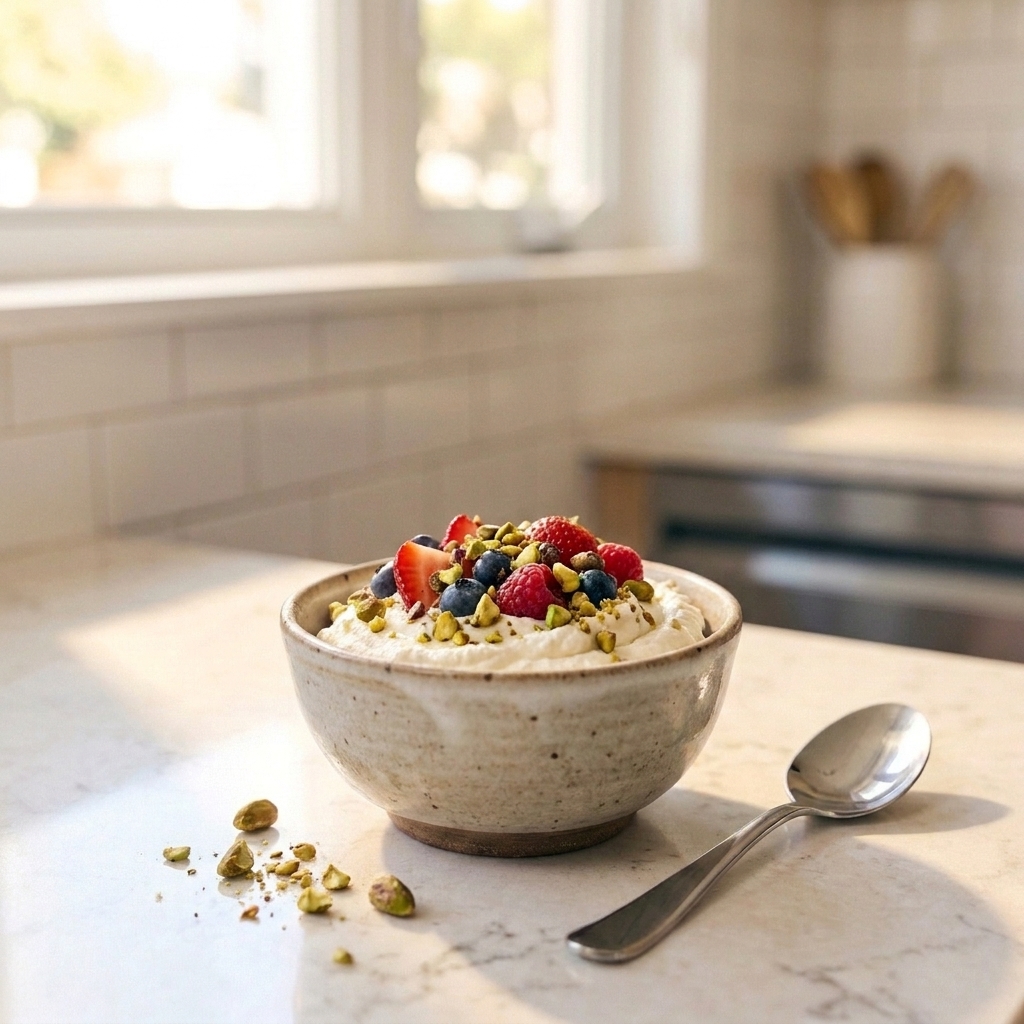 A small bowl of whipped ricotta topped with fresh berries and a sprinkle of chopped pistachios