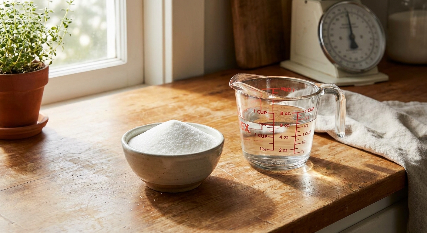 A small bowl of white granulated sugar next to a glass measuring cup filled with water on a bright kitchen counter