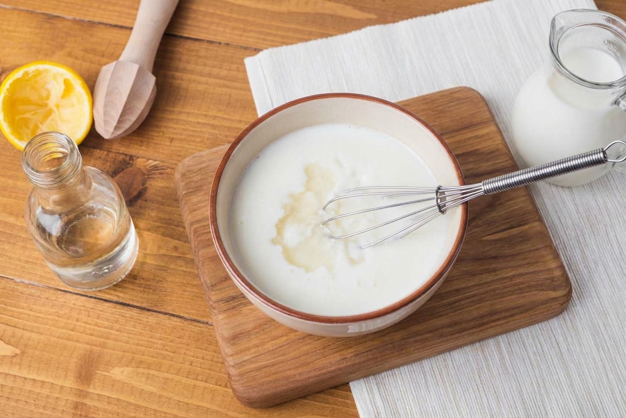 A small bowl on a kitchen counter with milk and vinegar being whisked together for a quick buttermilk substitute
