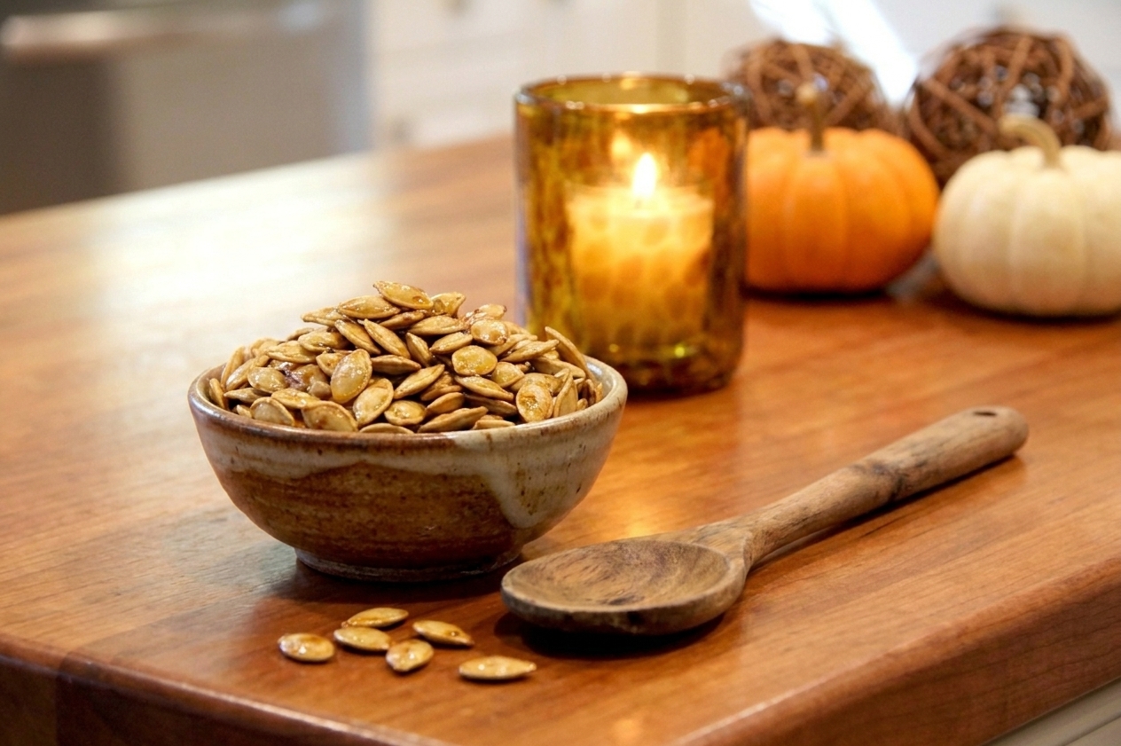 A small ceramic bowl filled with toasted pumpkin seeds on a wooden table beside a spoon