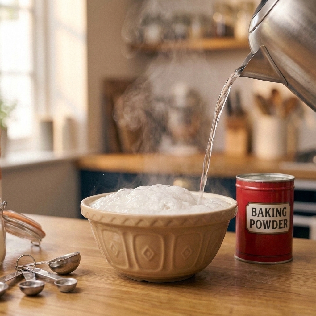 A small ceramic bowl on a counter with baking powder bubbling after hot water is poured in