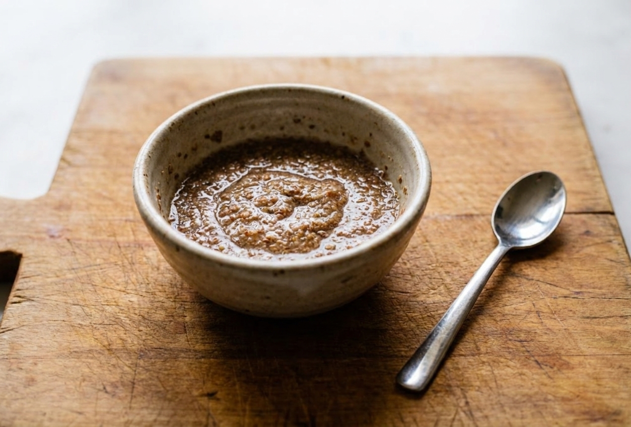 A small ceramic bowl with a gelled flax egg mixture and a teaspoon resting beside it on a wooden cutting board