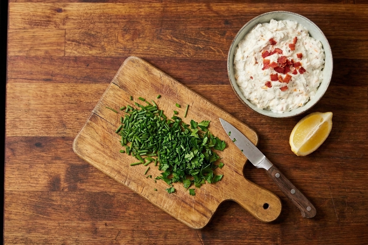 A small cutting board with chopped chives and parsley beside a bowl of ranch dip and a lemon wedge