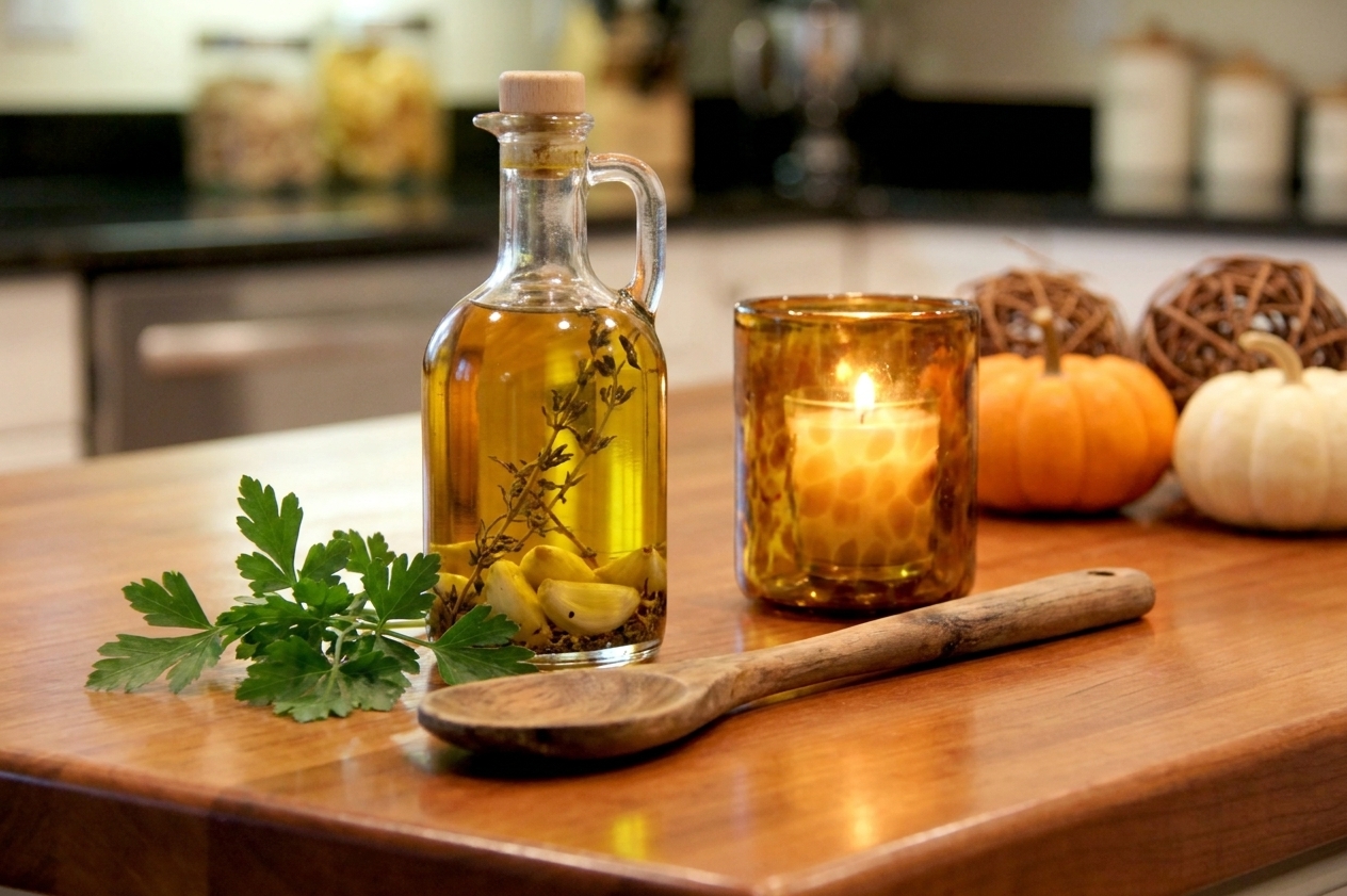 A small glass bottle of garlic-infused olive oil next to a wooden spoon and a sprig of parsley on a kitchen counter