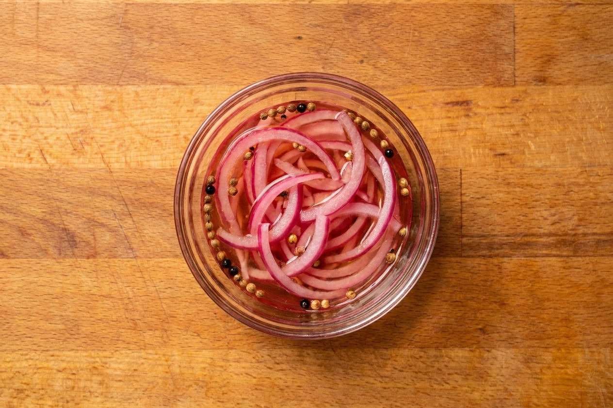 A small glass bowl of quick-pickled red onion slices submerged in a light vinegar brine on a kitchen counter