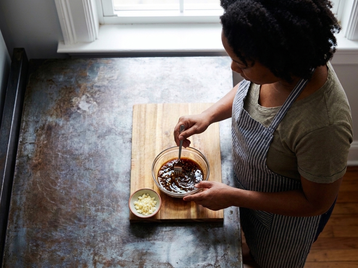 A small glass bowl of soy-based stir-fry sauce being whisked with a fork on a kitchen counter