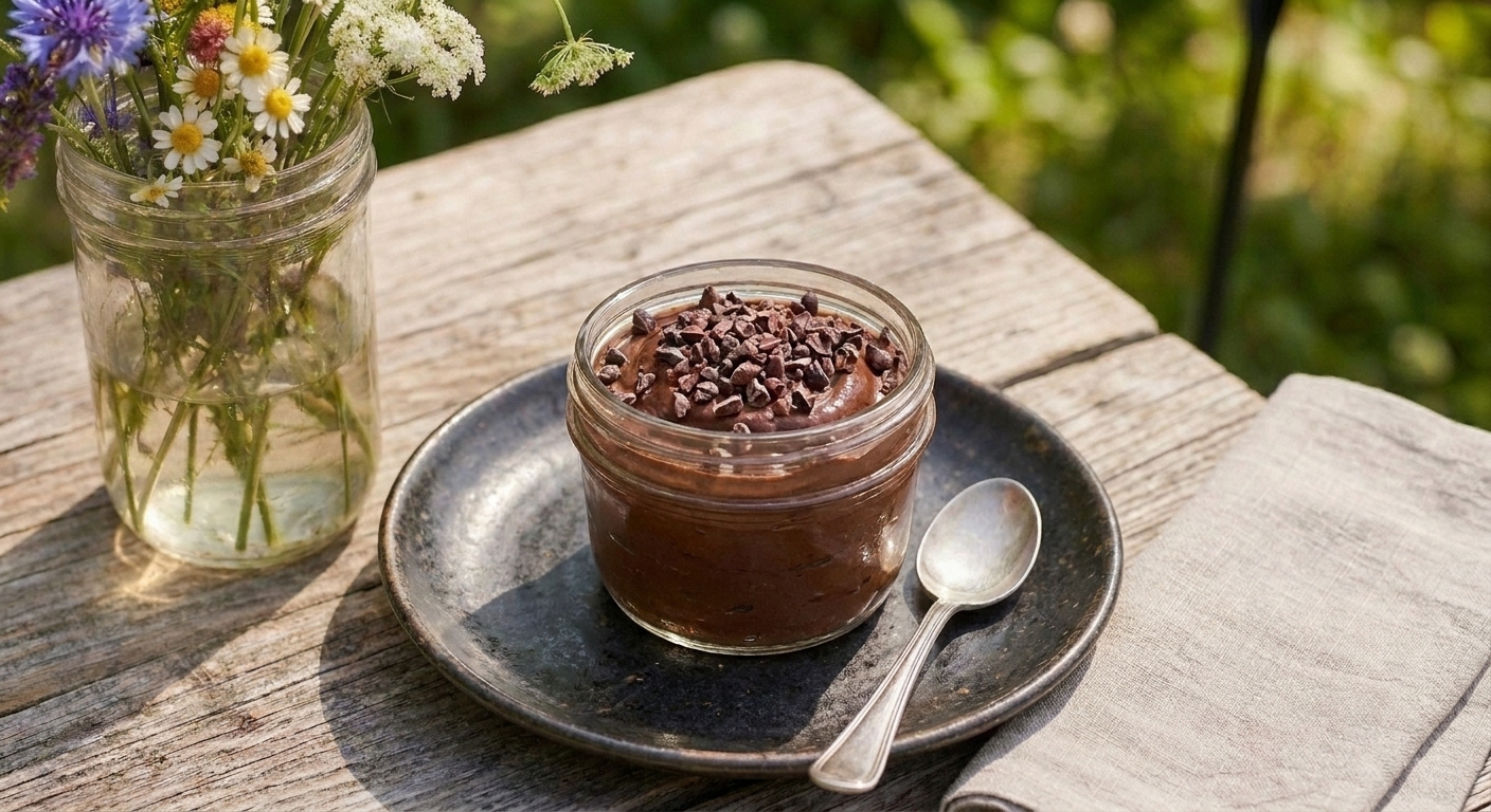 A small glass filled with chocolate avocado mousse topped with cacao nibs on a dark plate
