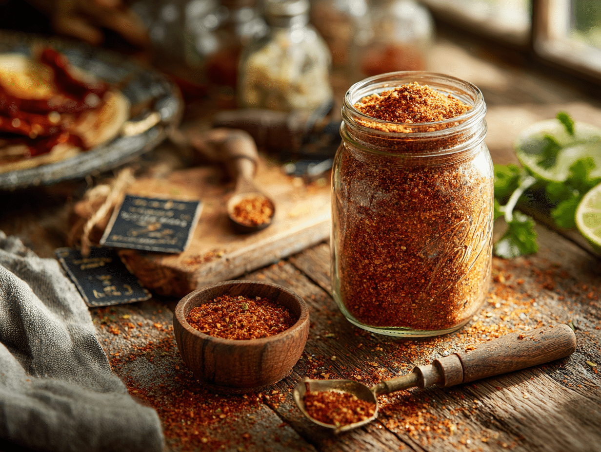A small glass jar filled with homemade taco seasoning on a wooden kitchen counter with measuring spoons and bowls of spices nearby