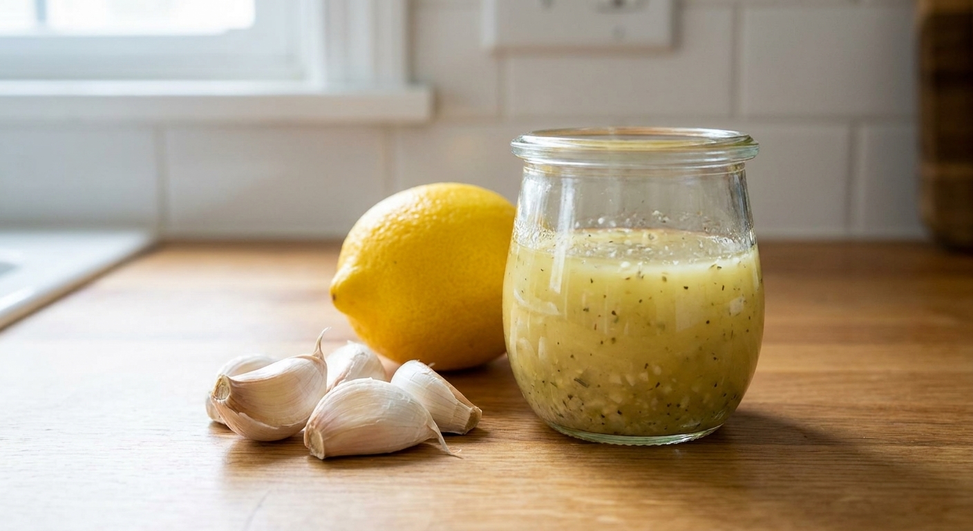 A small glass jar filled with lemon garlic dressing sitting beside a lemon and garlic cloves