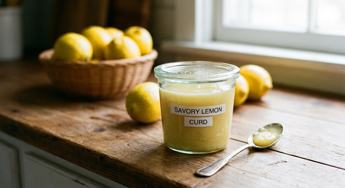 A small glass jar of pale yellow savory lemon curd on a kitchen counter with a spoon resting beside it and whole lemons in the background