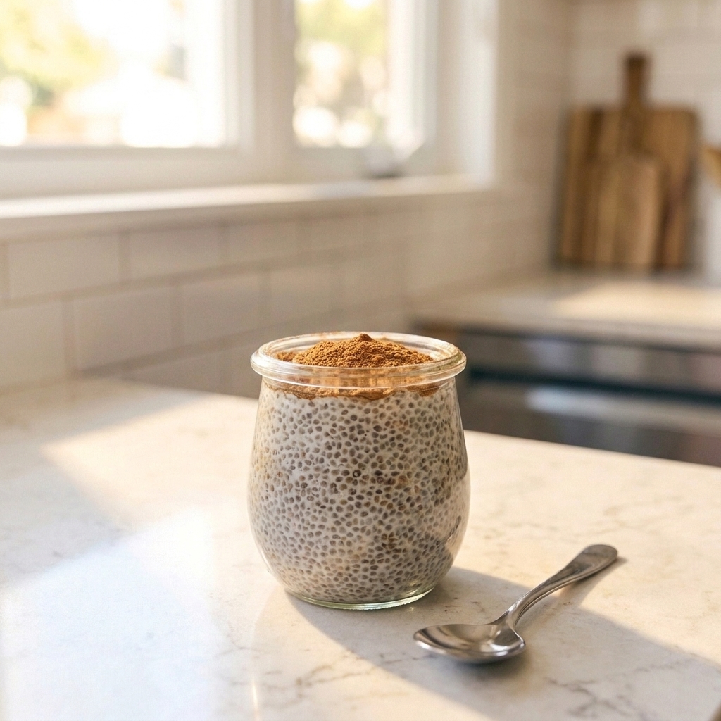 A small jar of chia pudding dusted with cinnamon on a kitchen counter
