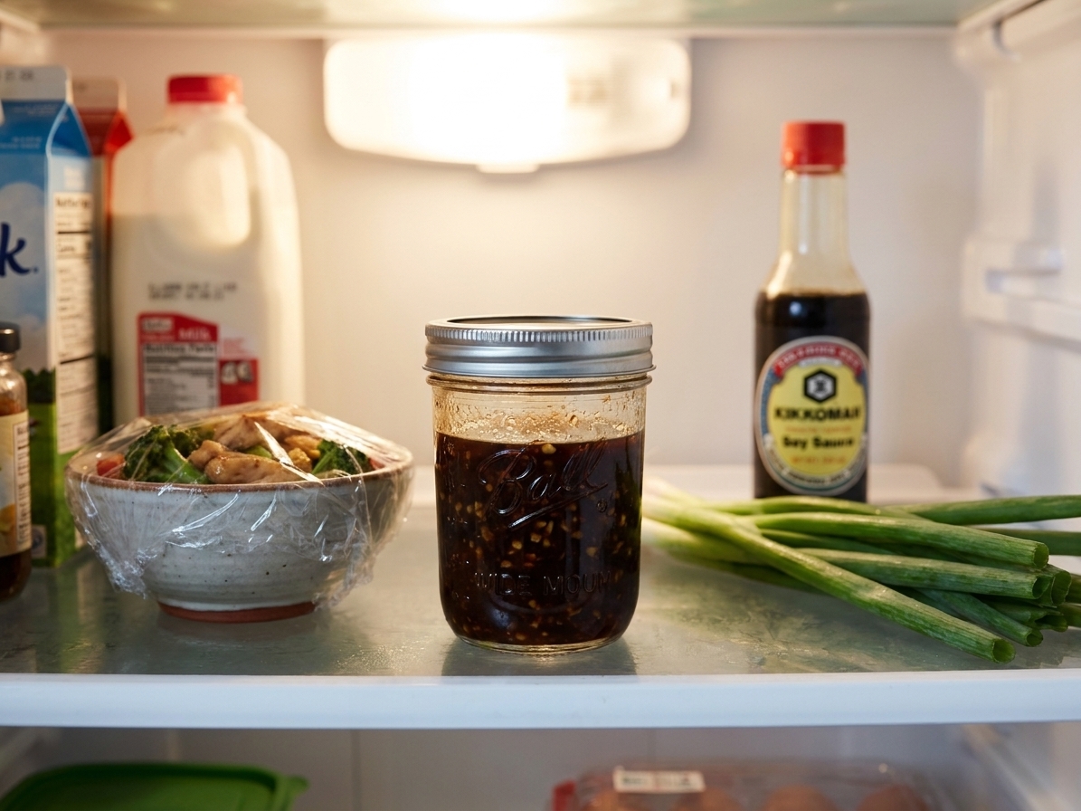 A small mason jar of homemade stir-fry sauce with a lid on, sitting on a refrigerator shelf