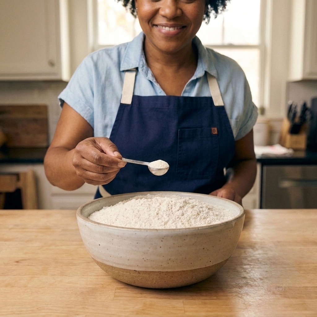 A small measuring spoon holding xanthan gum powder above a mixing bowl of dry ingredients