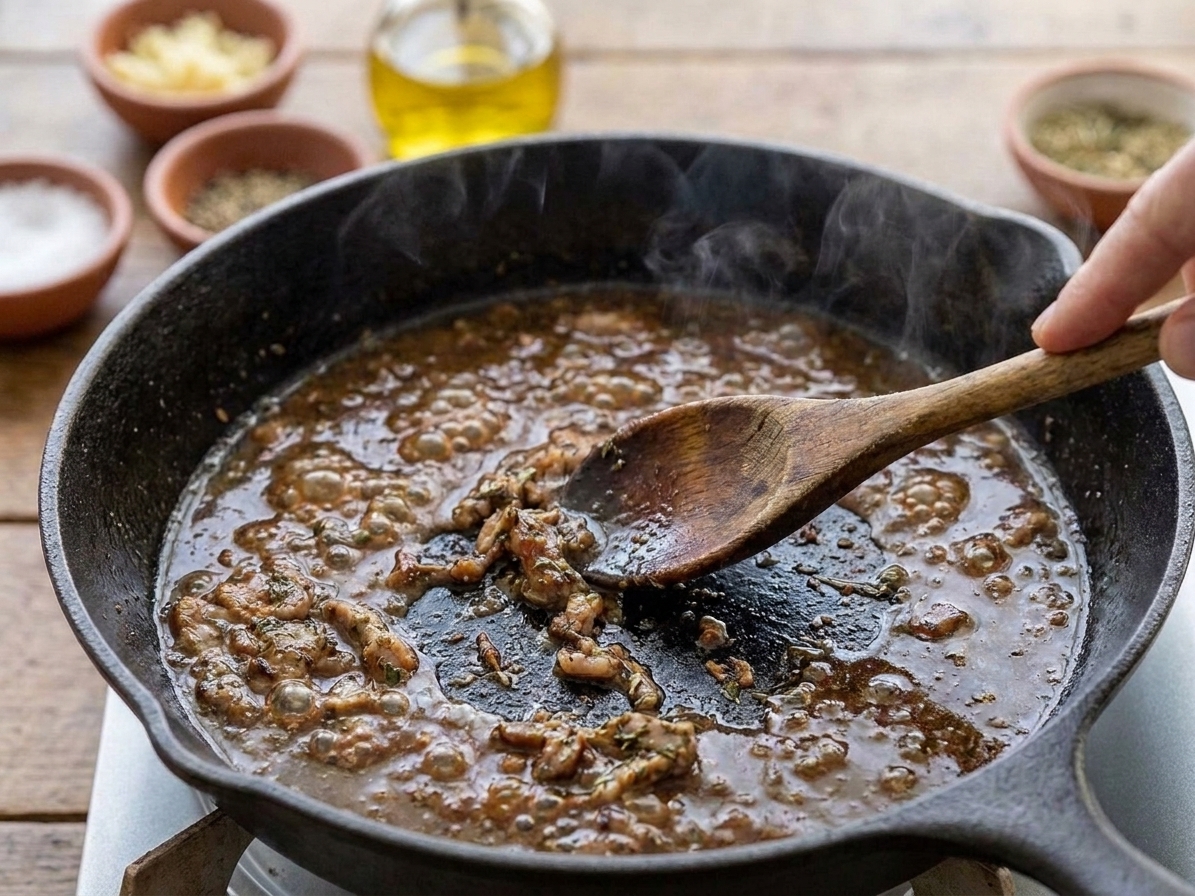 A small pan sauce simmering in a skillet with visible browned bits and a wooden spoon stirring