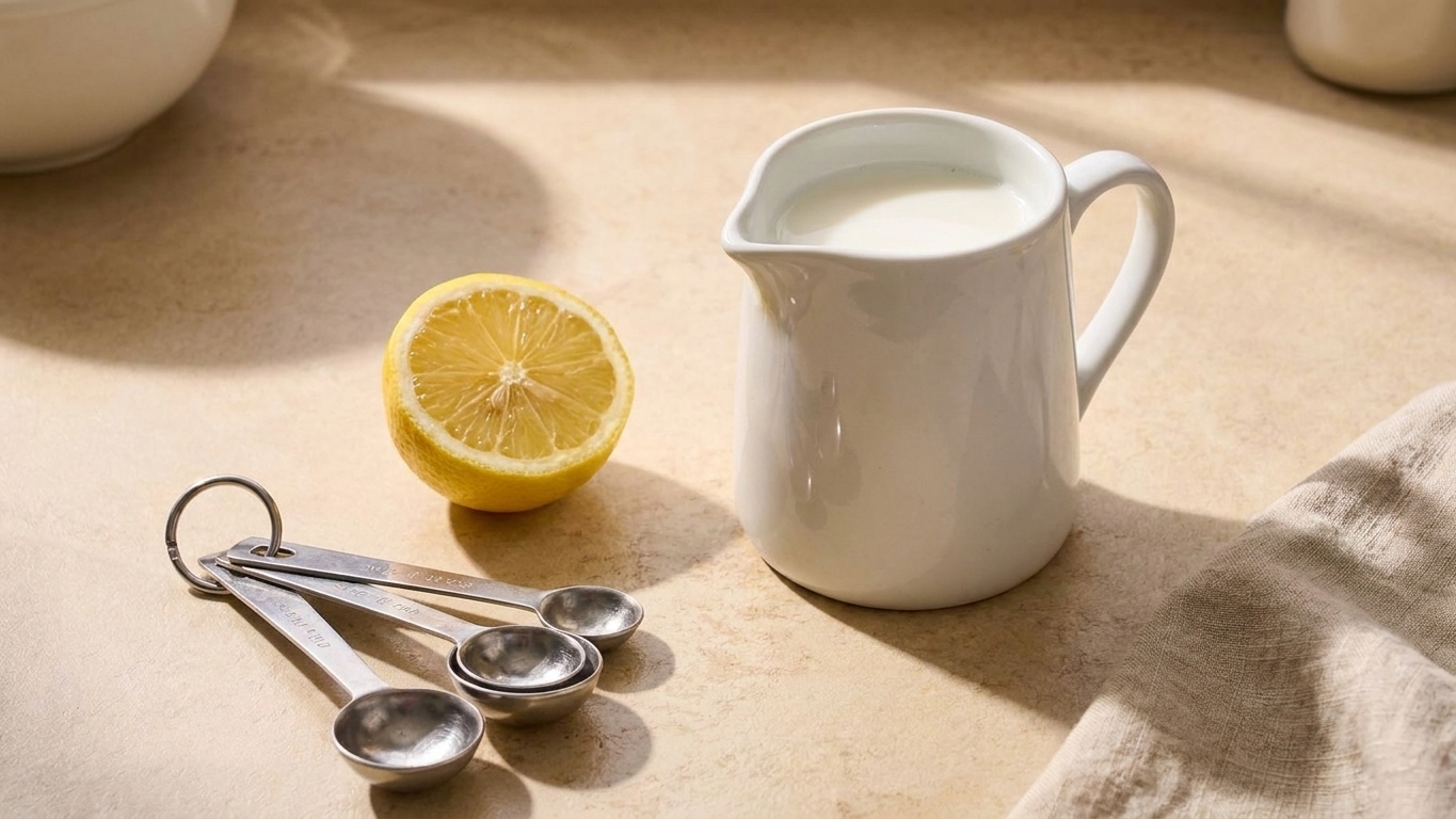 A small pitcher of milk beside a halved lemon and measuring spoons on a bright kitchen counter