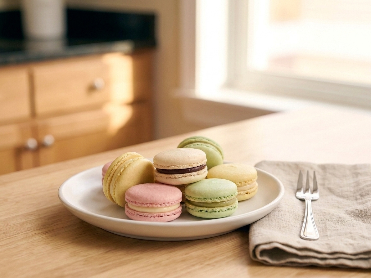 A small plate of assorted filled macarons in pastel colors on a simple table setting