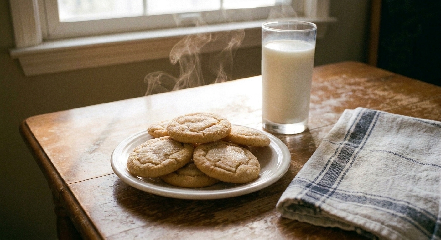 A small plate of sugar cookies next to a glass of milk on a cozy kitchen table with a linen napkin