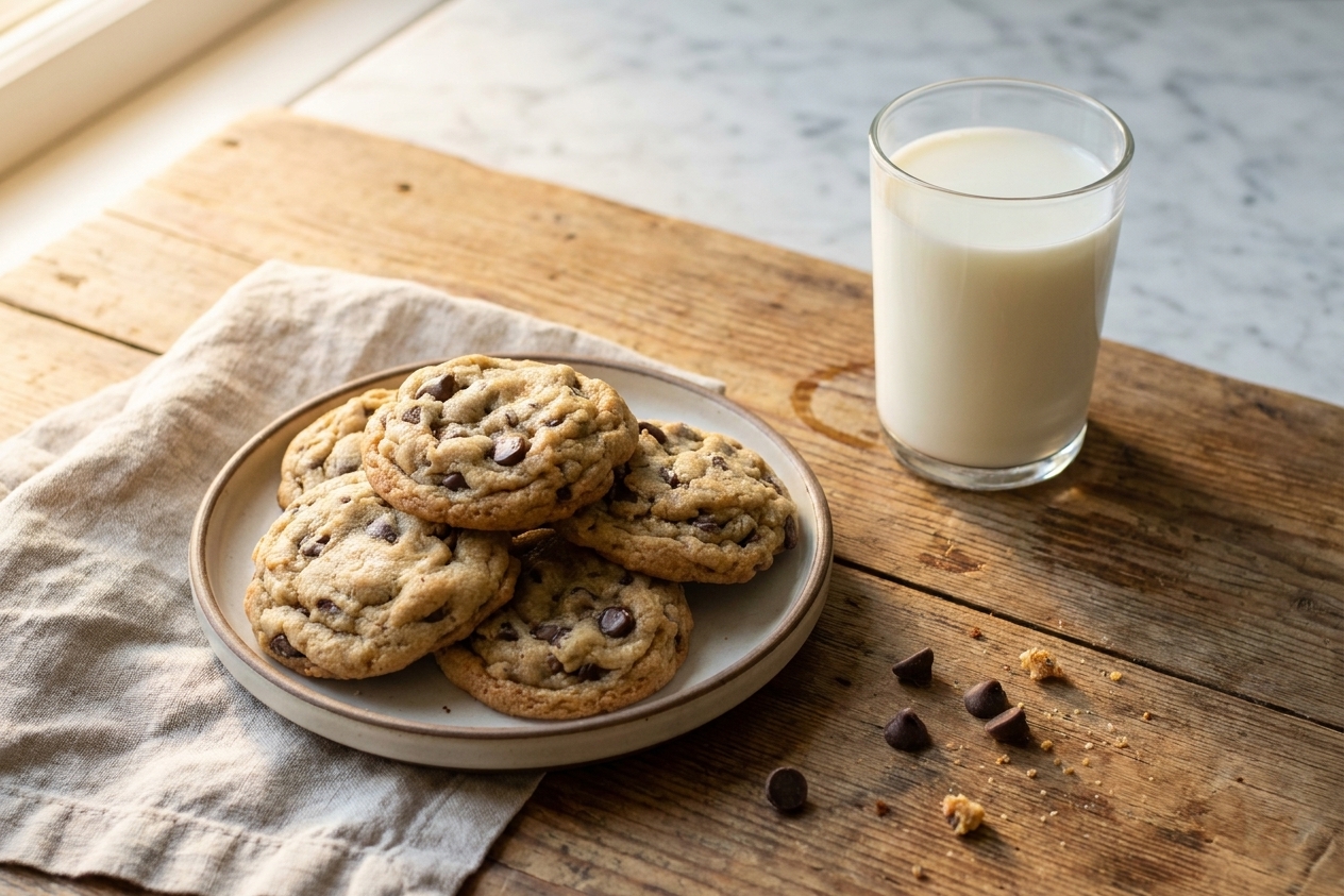 A small plate stacked with soft chocolate chip cookies next to a glass of milk on a wooden table in warm window light
