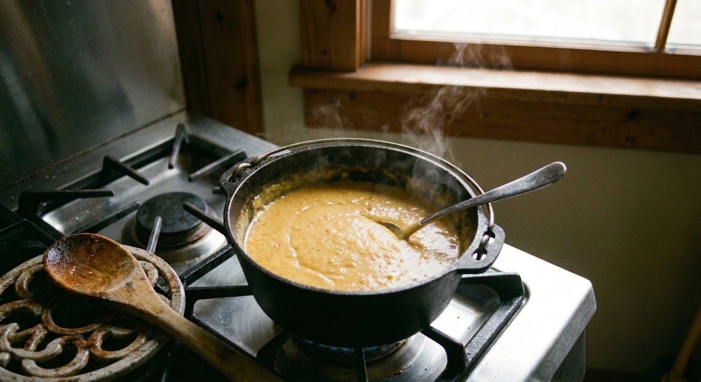 A small pot of creamy smoky cheese sauce kept warm on the stove with a spoon resting on the rim