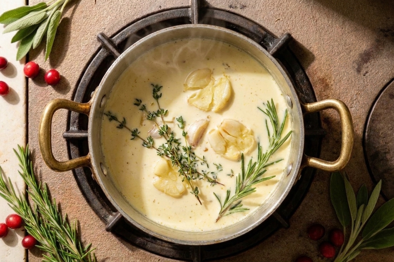 A small pot of warm cream with smashed garlic cloves steeping on a stovetop
