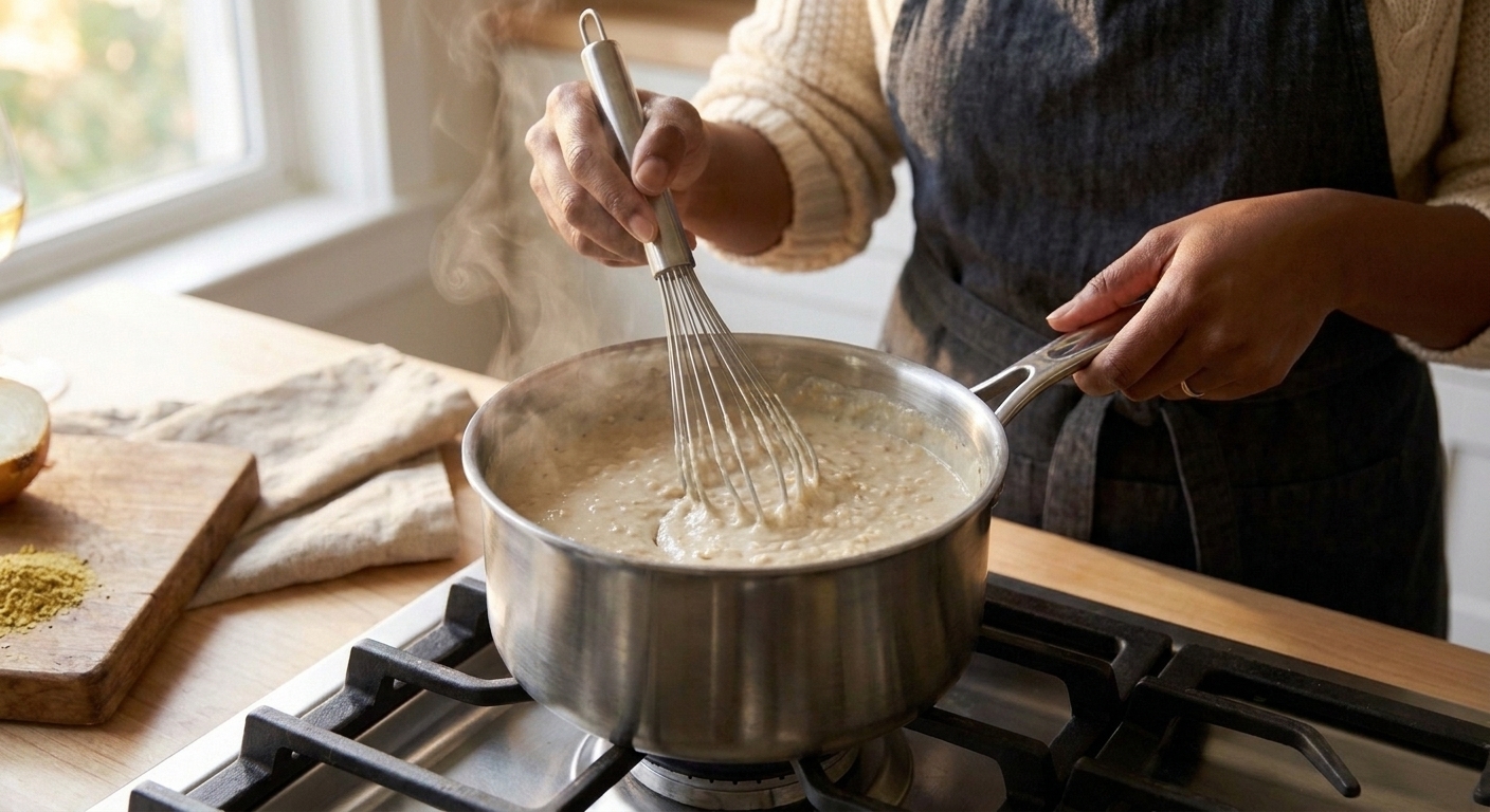 A small saucepan of creamy oat sauce being whisked on the stove with steam rising